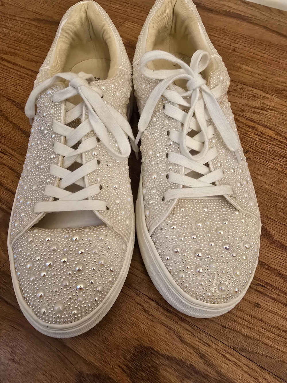 Betsey Johnson Pearl & Crystal Embellished White Lace-Up Sneakers Size 9.5